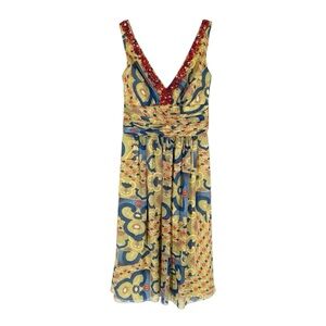 Kay Unger Silk Dress Womens Size 2 Colorful Art Deco Pattern Beaded V-Neck